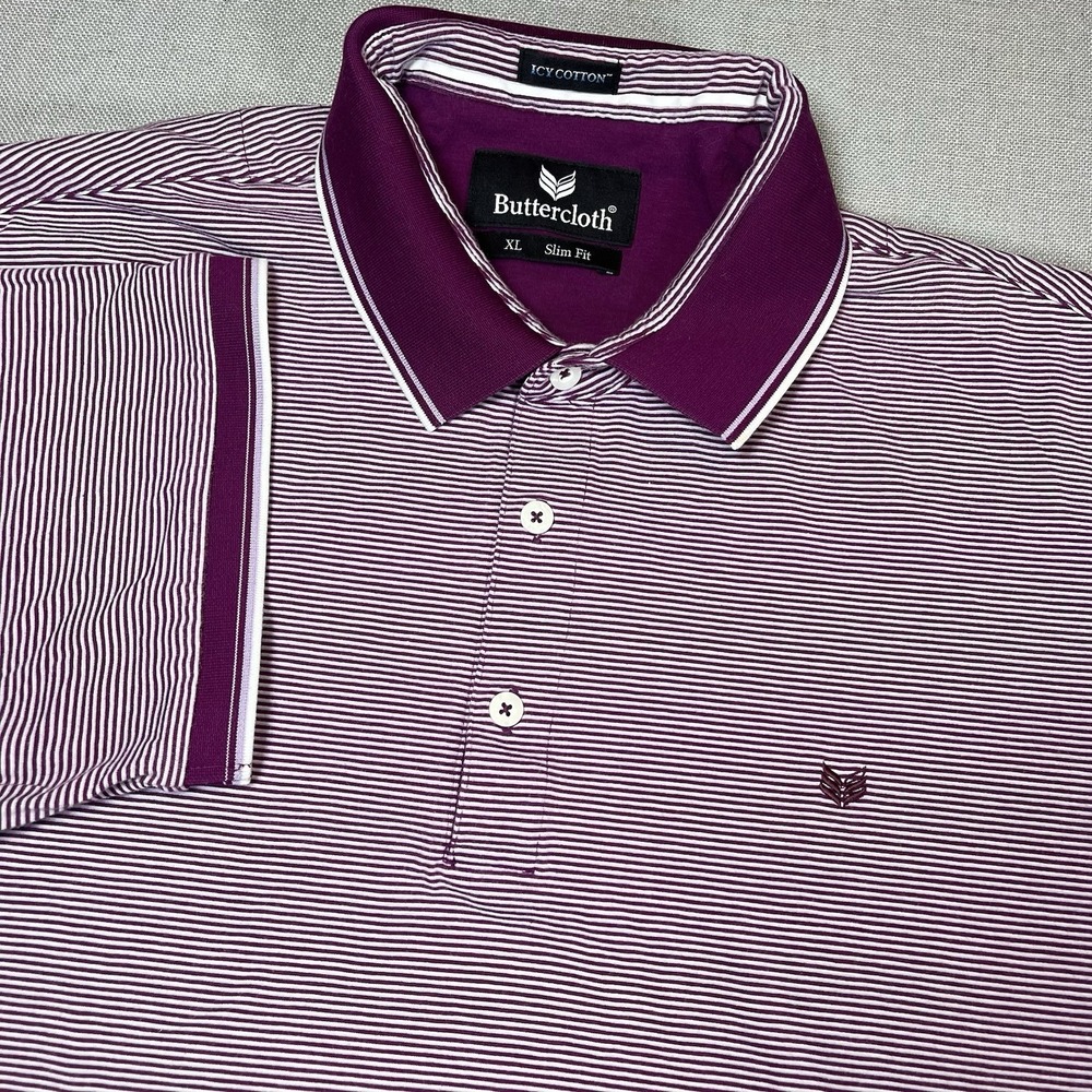 Buttercloth Polo Shirt Mens XL Purple Slim Fit Icy Cotton Striped Golf Preppy